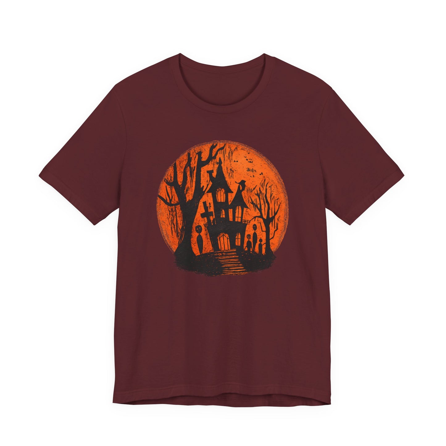 Haunted House Halloween Tee – Spooky Orange Moon Graphic T-Shirt