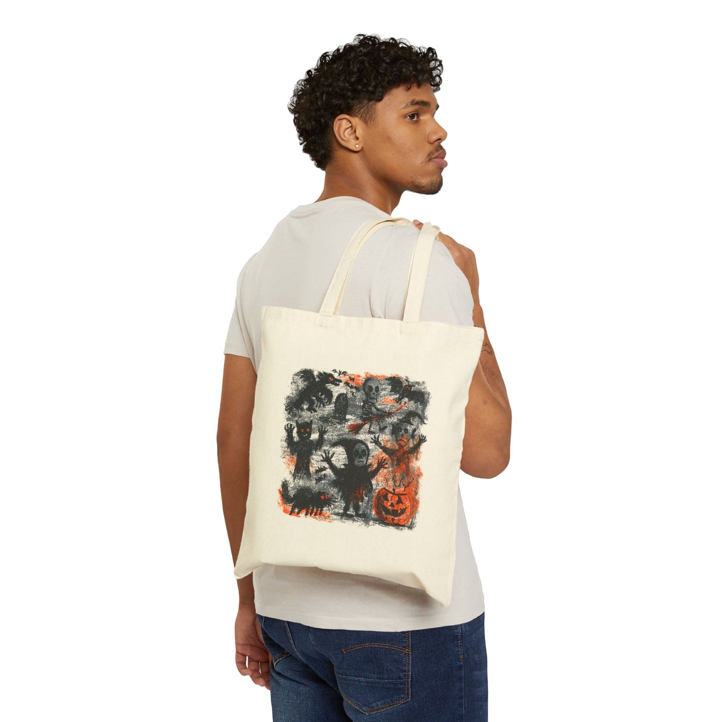 Kids Tote Bag — Vintage Halloween Illustration Cotton Canvas Tote (Pumpkin, Ghosts & Bats)