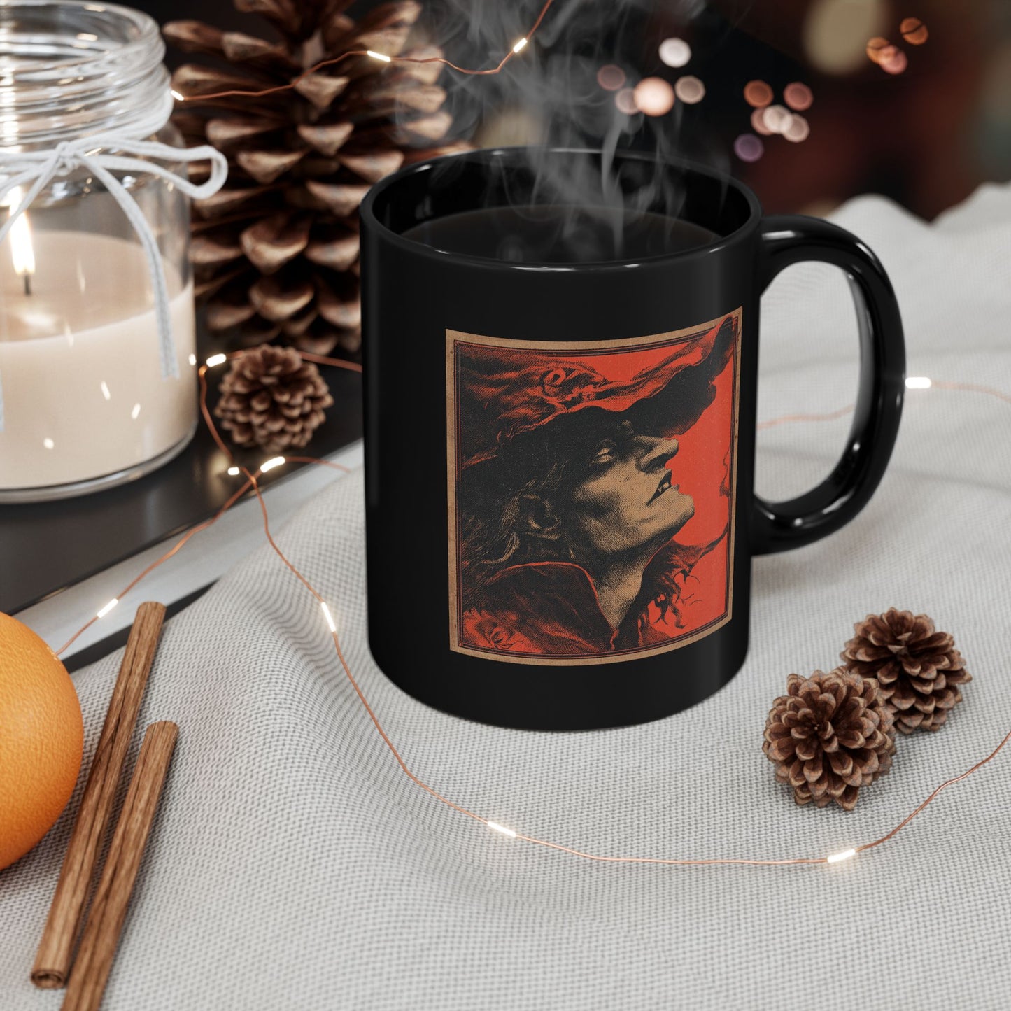 Gothic Witch Portrait Mug — Vintage Red & Black Ceramic Coffee Cup