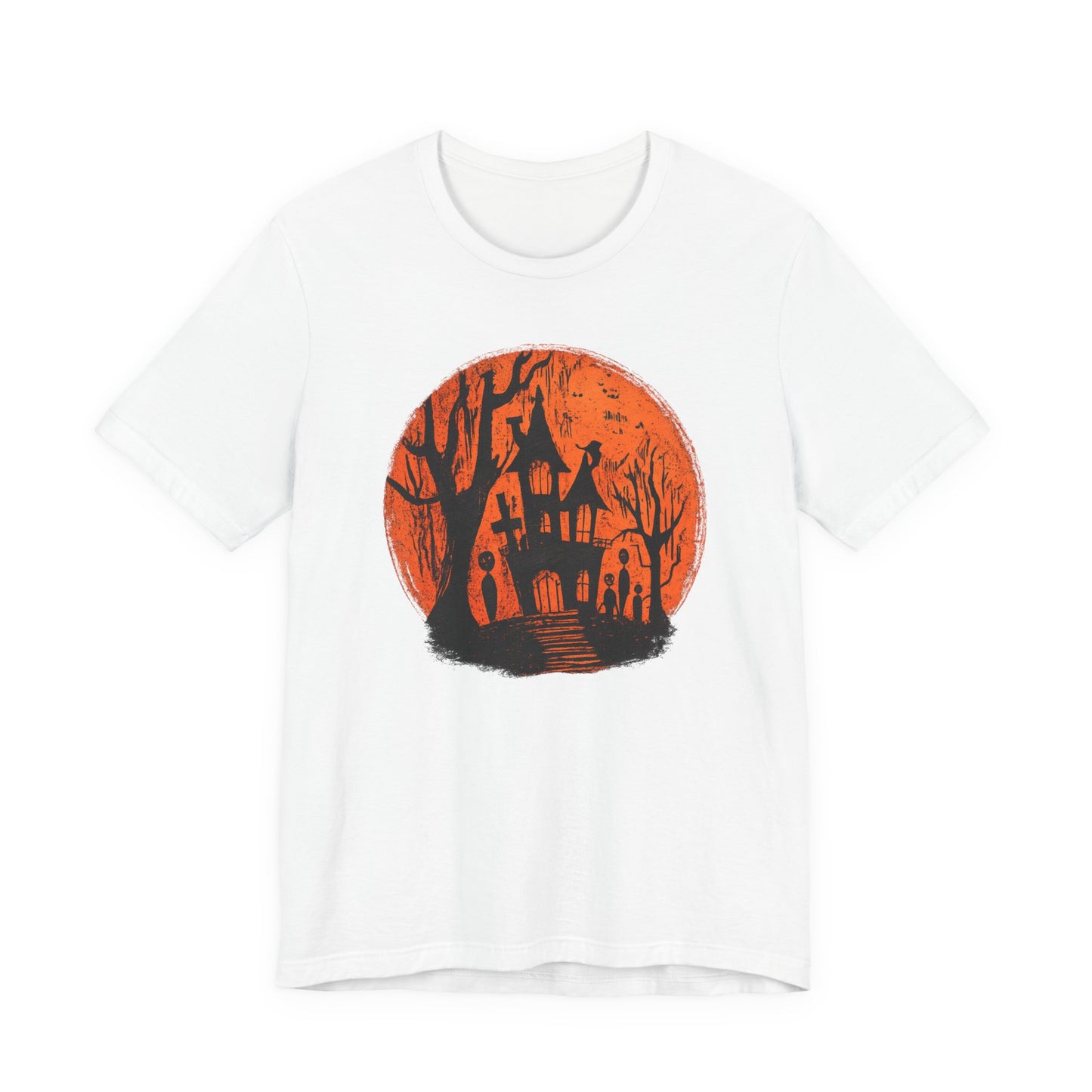 Haunted House Halloween Tee – Spooky Orange Moon Graphic T-Shirt