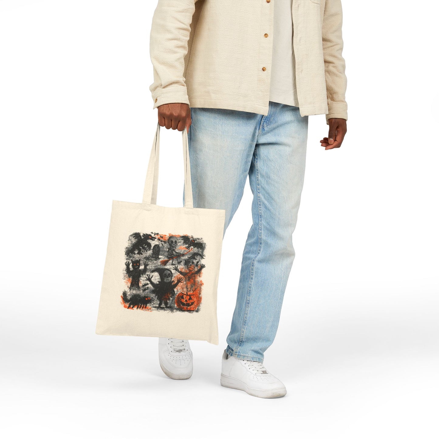 Kids Tote Bag — Vintage Halloween Illustration Cotton Canvas Tote (Pumpkin, Ghosts & Bats)