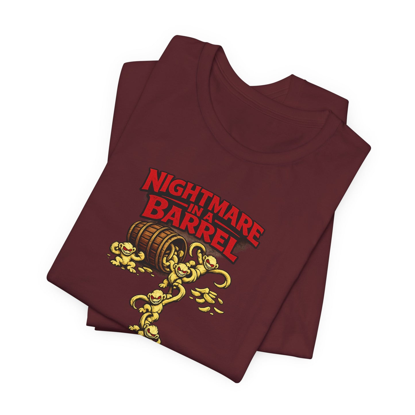 Nightmare in a Barrel T-Shirt — Vintage Horror Barrel Monkey Graphic Tee