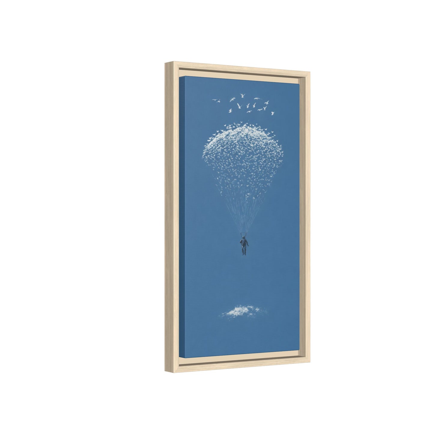 Framed Matte Canvas Art – Sky Diver with Bird Cluster Parachute (Blue)