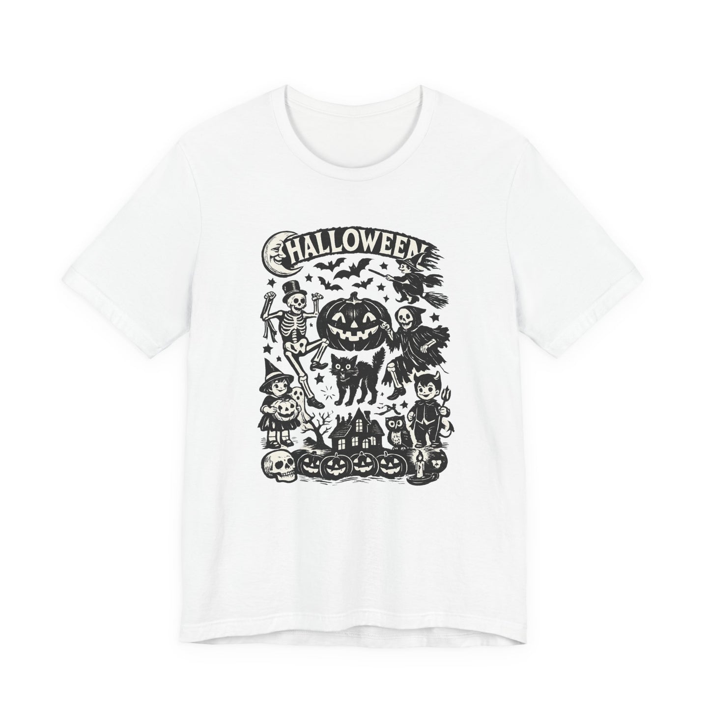 Halloween Vintage Monsters Tee — Retro Pumpkin, Skeleton & Haunted House T-Shirt
