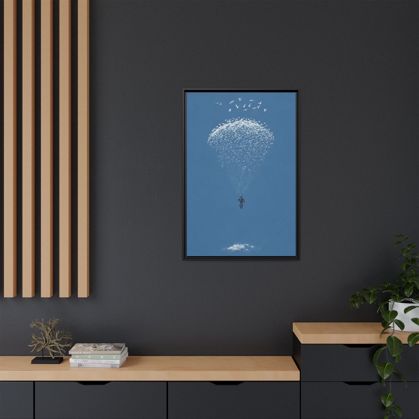 Framed Matte Canvas Art – Sky Diver with Bird Cluster Parachute (Blue)