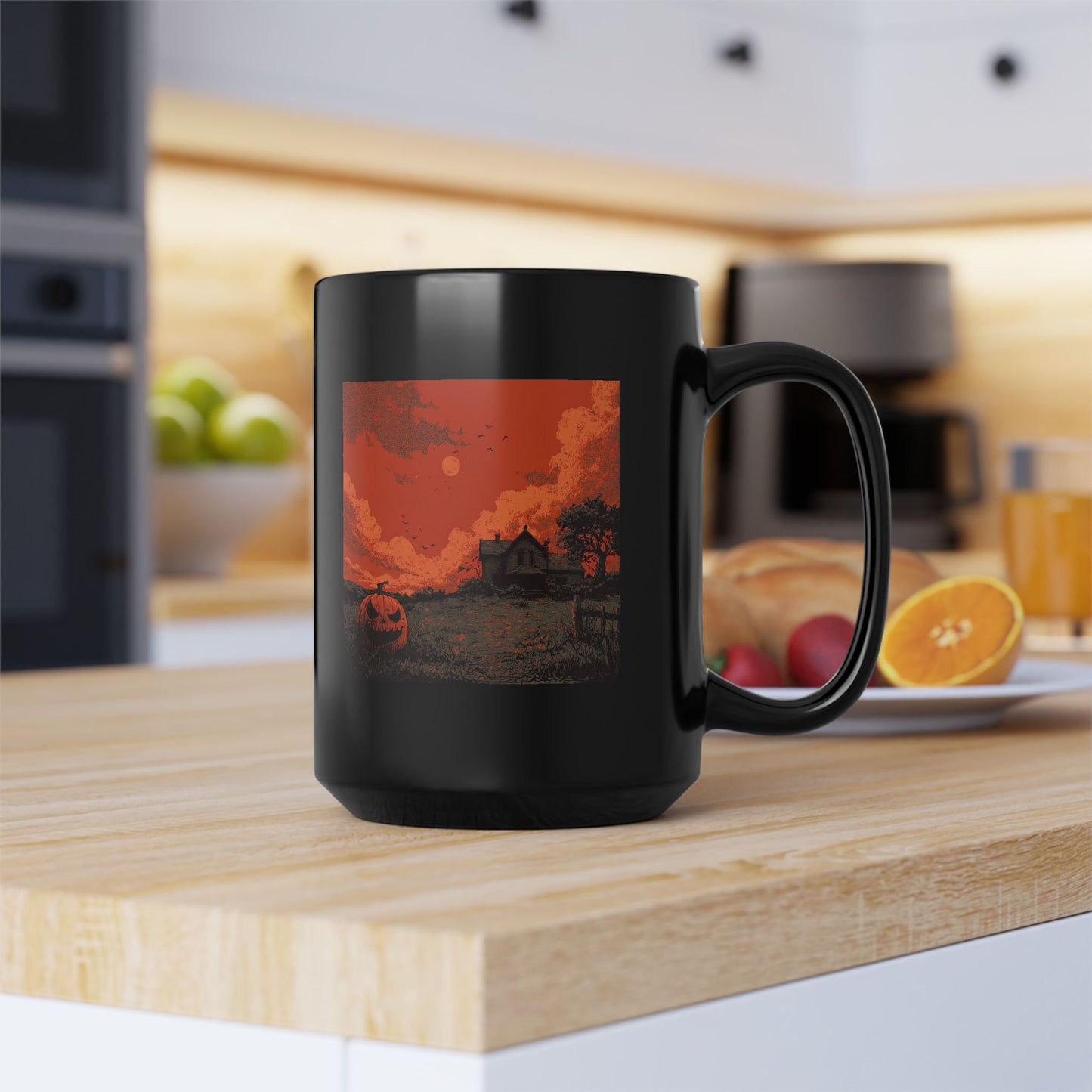 Halloween Pumpkin Field Black Mug — Spooky Haunted House Coffee Cup (11oz/15oz)