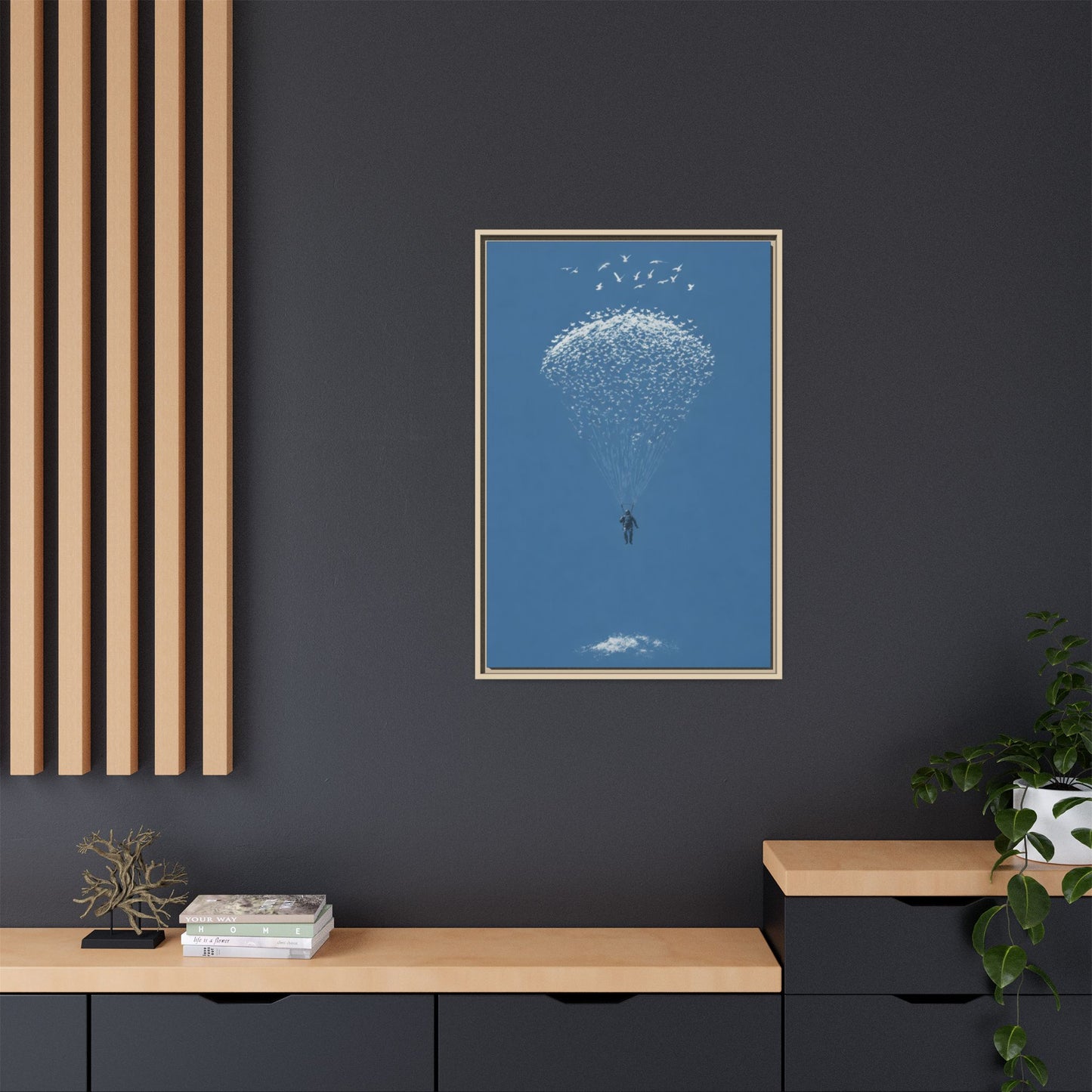 Framed Matte Canvas Art – Sky Diver with Bird Cluster Parachute (Blue)