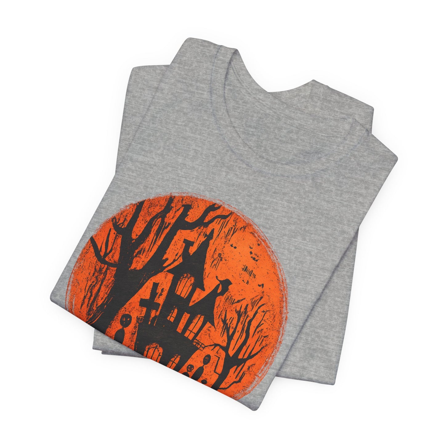 Haunted House Halloween Tee – Spooky Orange Moon Graphic T-Shirt