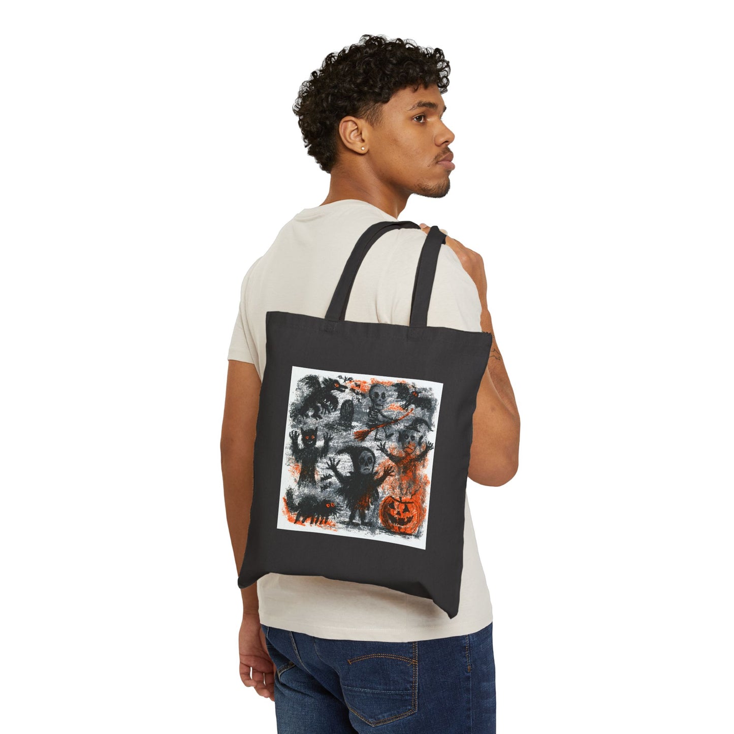 Kids Tote Bag — Vintage Halloween Illustration Cotton Canvas Tote (Pumpkin, Ghosts & Bats)