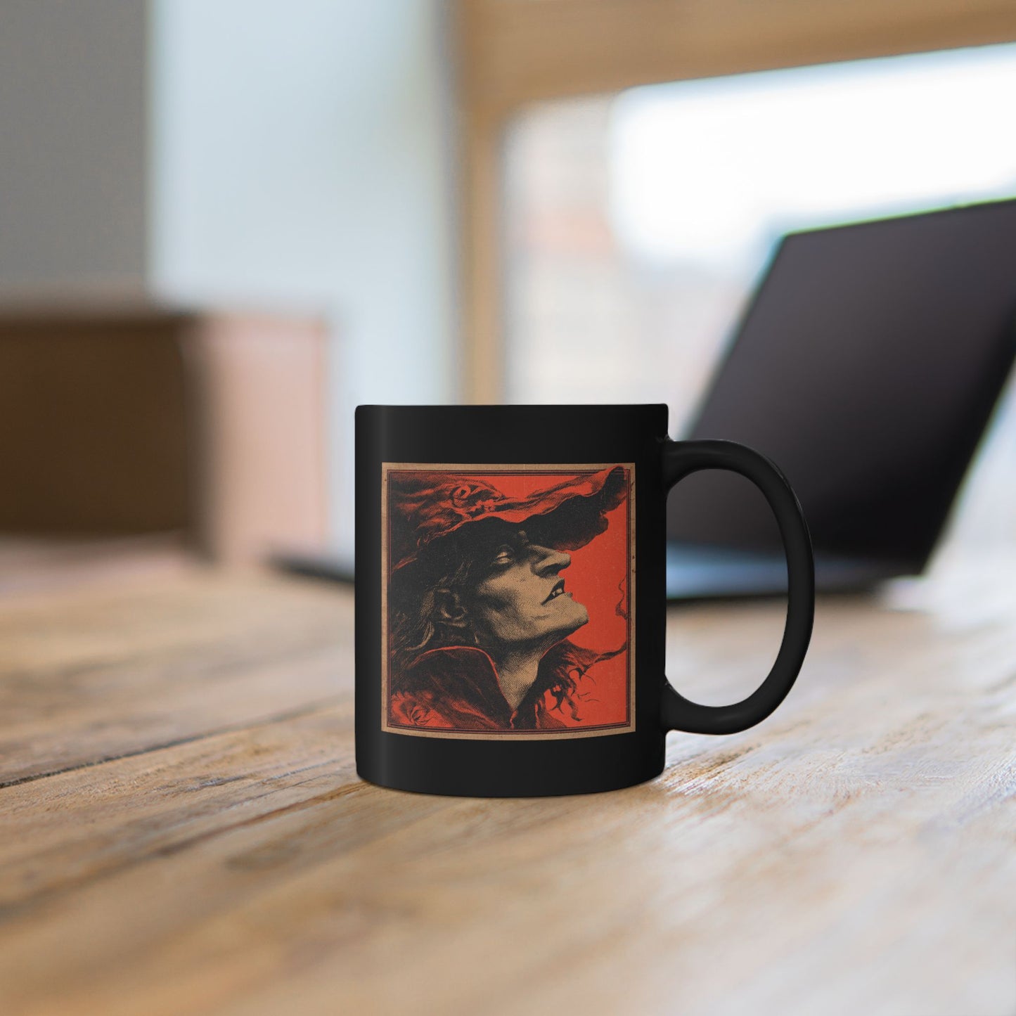 Gothic Witch Portrait Mug — Vintage Red & Black Ceramic Coffee Cup