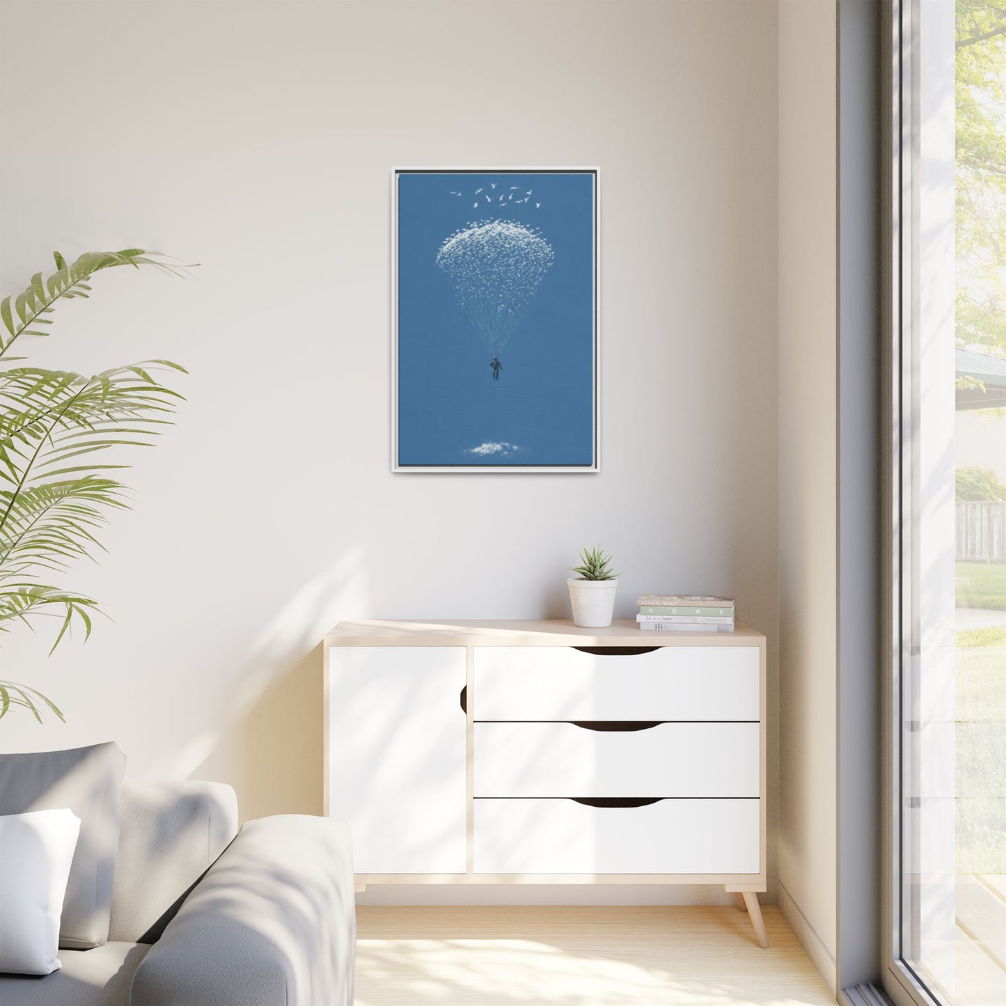 Framed Matte Canvas Art – Sky Diver with Bird Cluster Parachute (Blue)