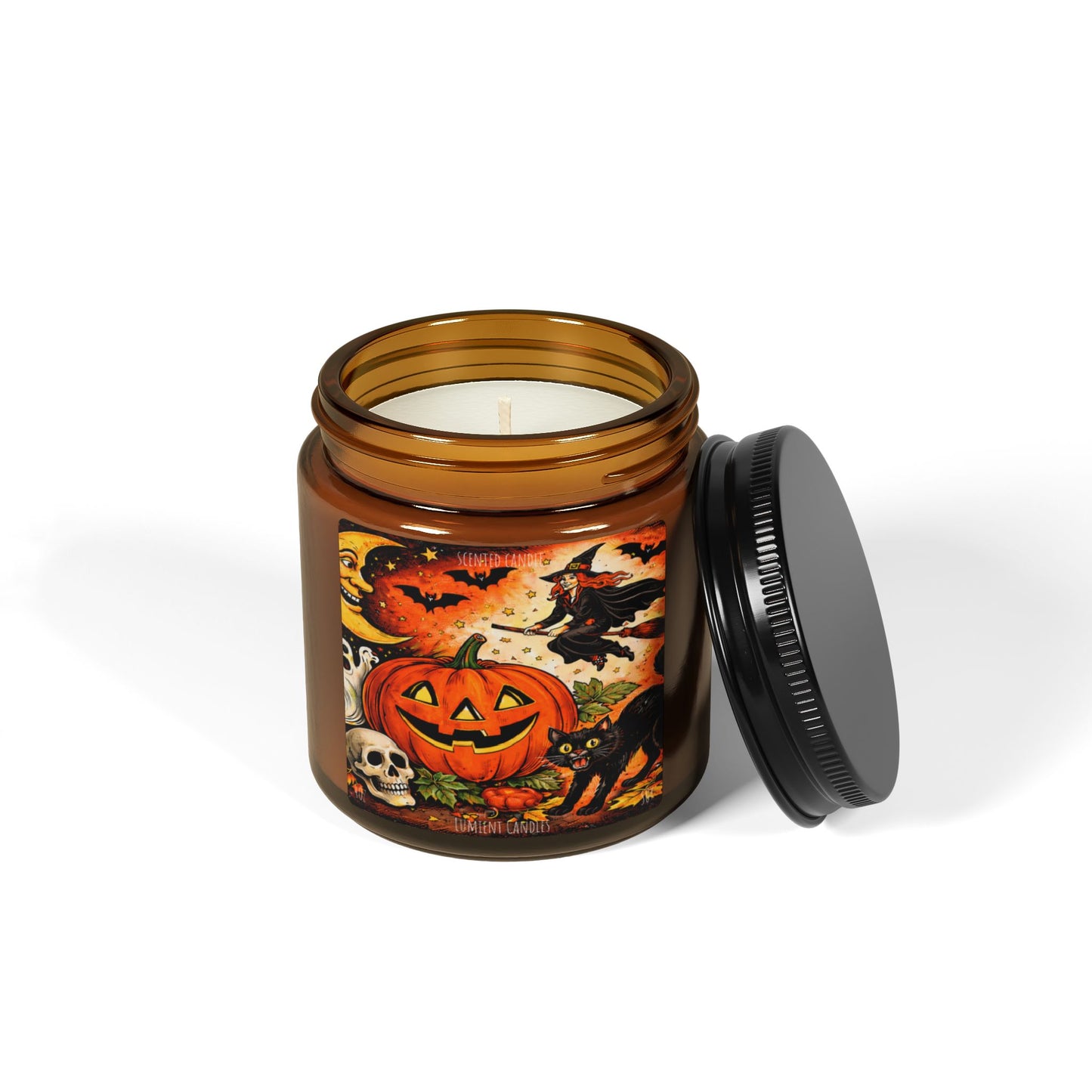 4 OZ Halloween Pumpkin Soy Candle — Amber Jar Scented Candle (Vintage Jack-O'-Lantern Design)