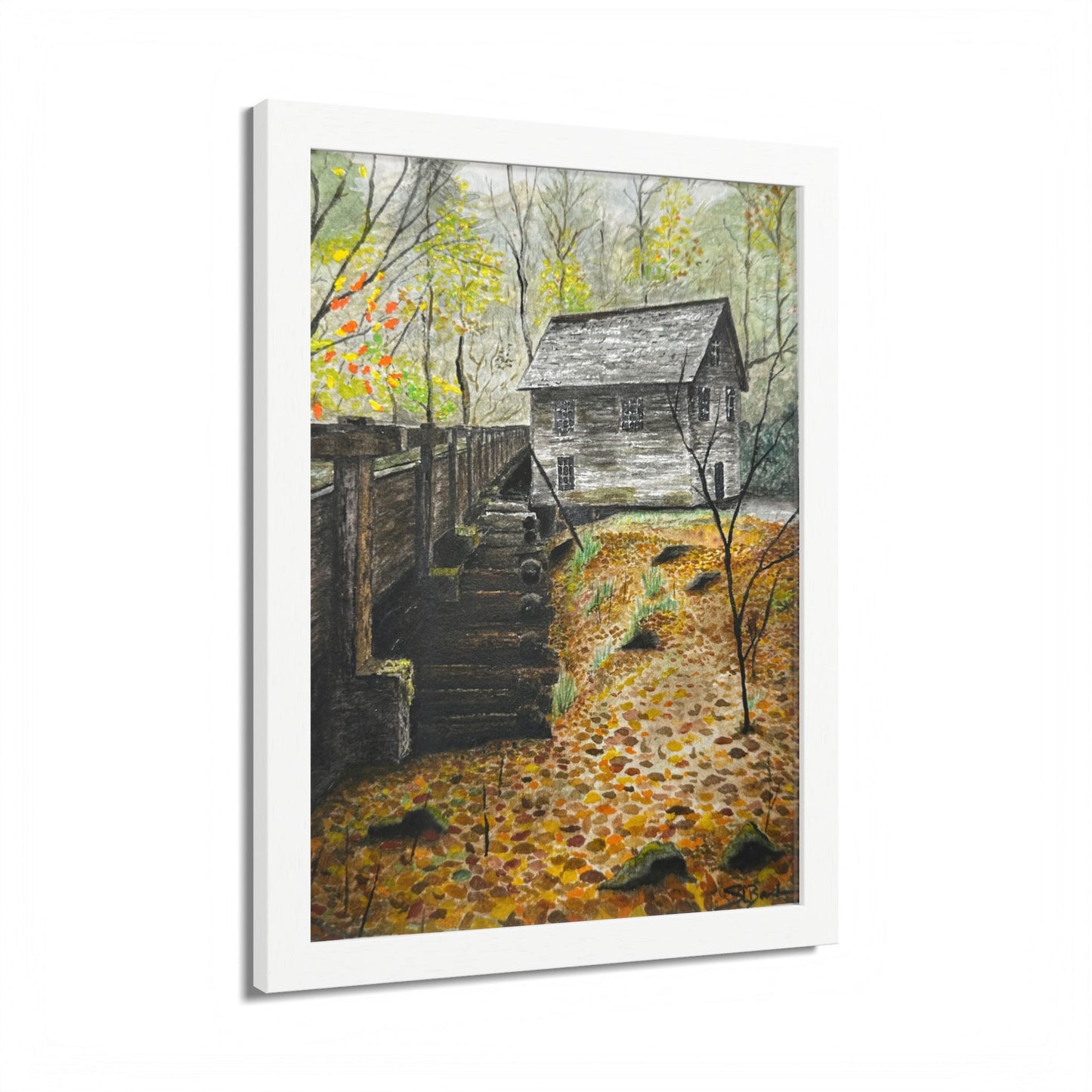 Original Artist Print by Scott Barbee Autumn Mill Framed Poster — Rustic Watercolor Cabin Wall Art