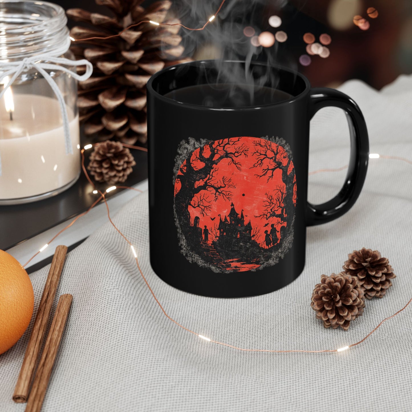 Halloween Castle Mug — Red Moon Haunted House Coffee Cup (11oz & 15oz)