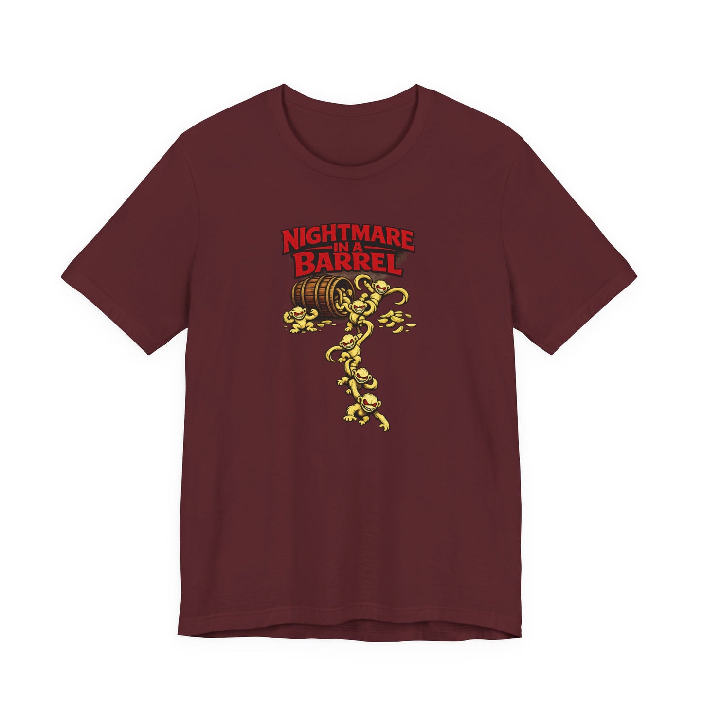 Nightmare in a Barrel T-Shirt — Vintage Horror Barrel Monkey Graphic Tee