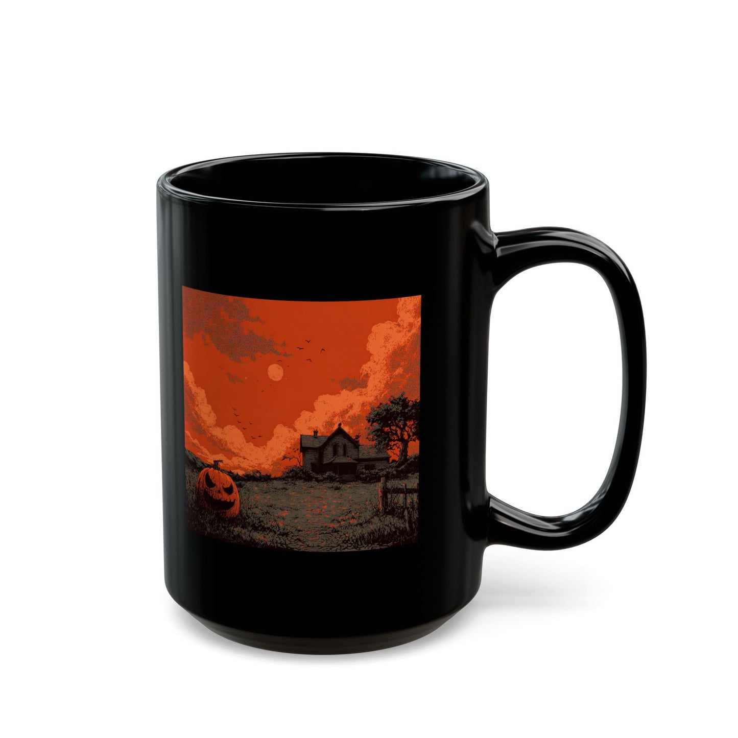 Halloween Pumpkin Field Black Mug — Spooky Haunted House Coffee Cup (11oz/15oz)
