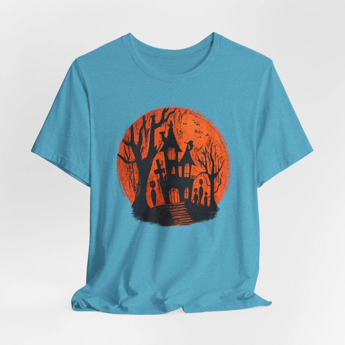 Haunted House Halloween Tee – Spooky Orange Moon Graphic T-Shirt