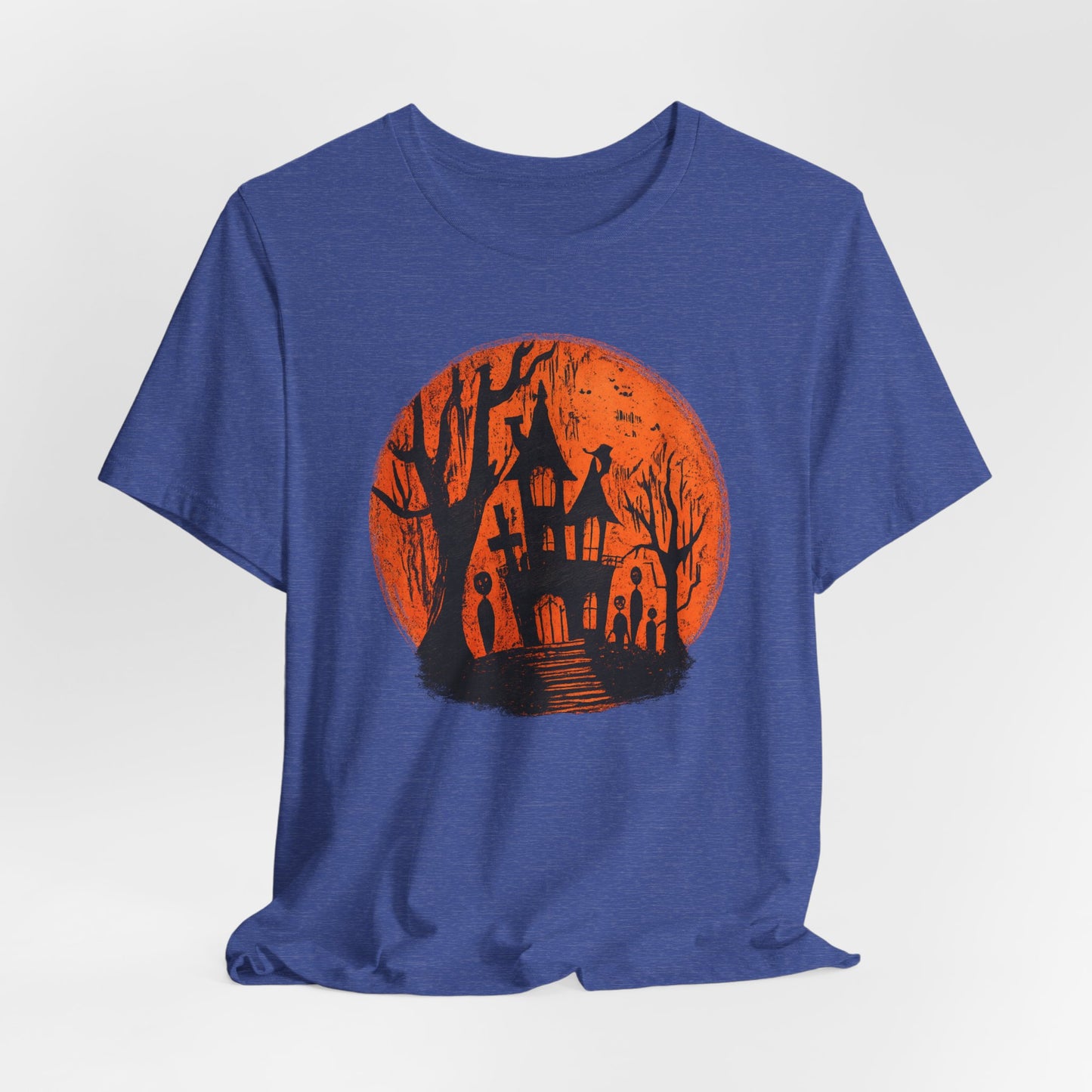 Haunted House Halloween Tee – Spooky Orange Moon Graphic T-Shirt