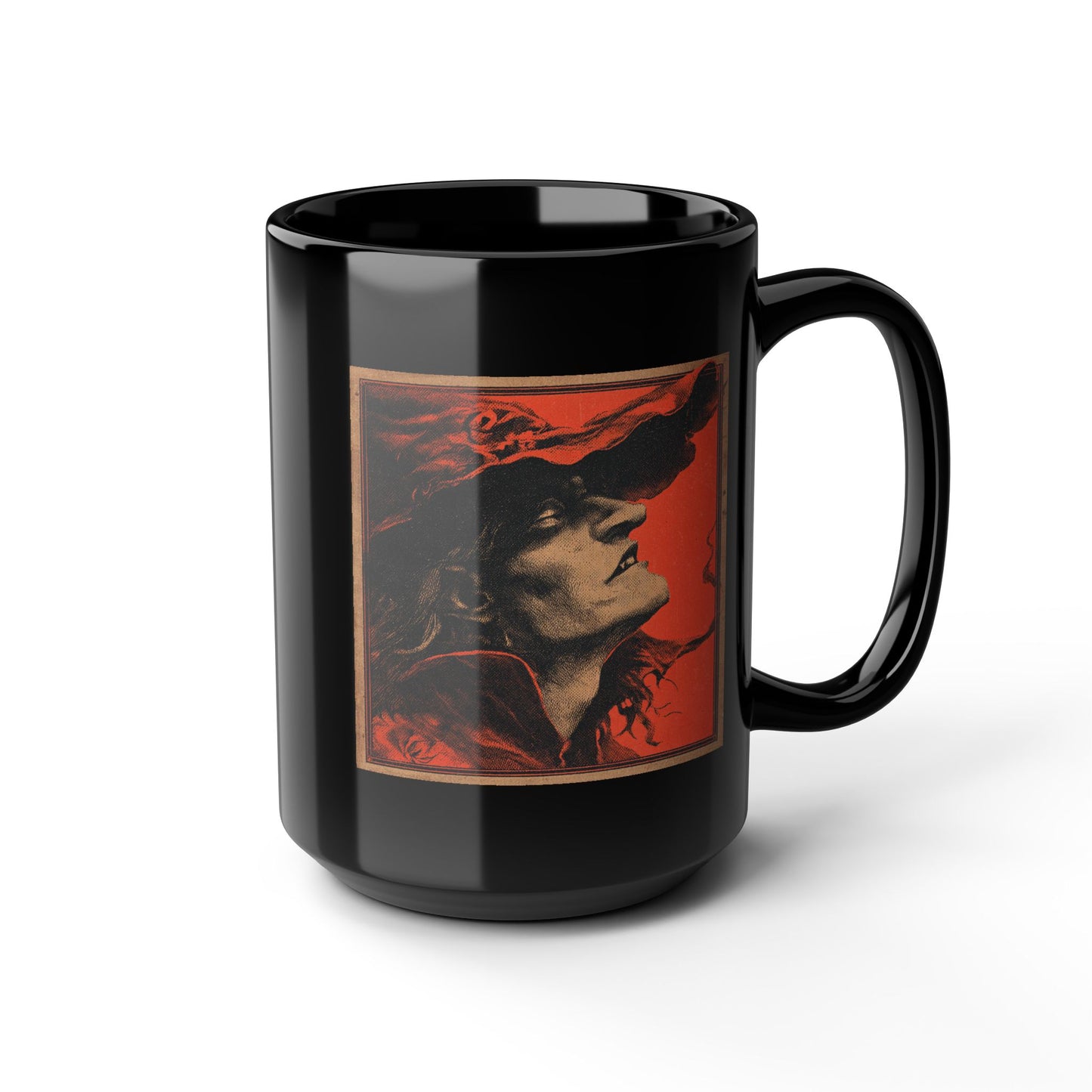 Gothic Witch Portrait Mug — Vintage Red & Black Ceramic Coffee Cup
