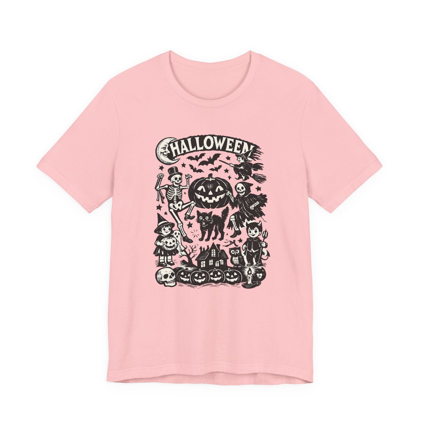 Halloween Vintage Monsters Tee — Retro Pumpkin, Skeleton & Haunted House T-Shirt