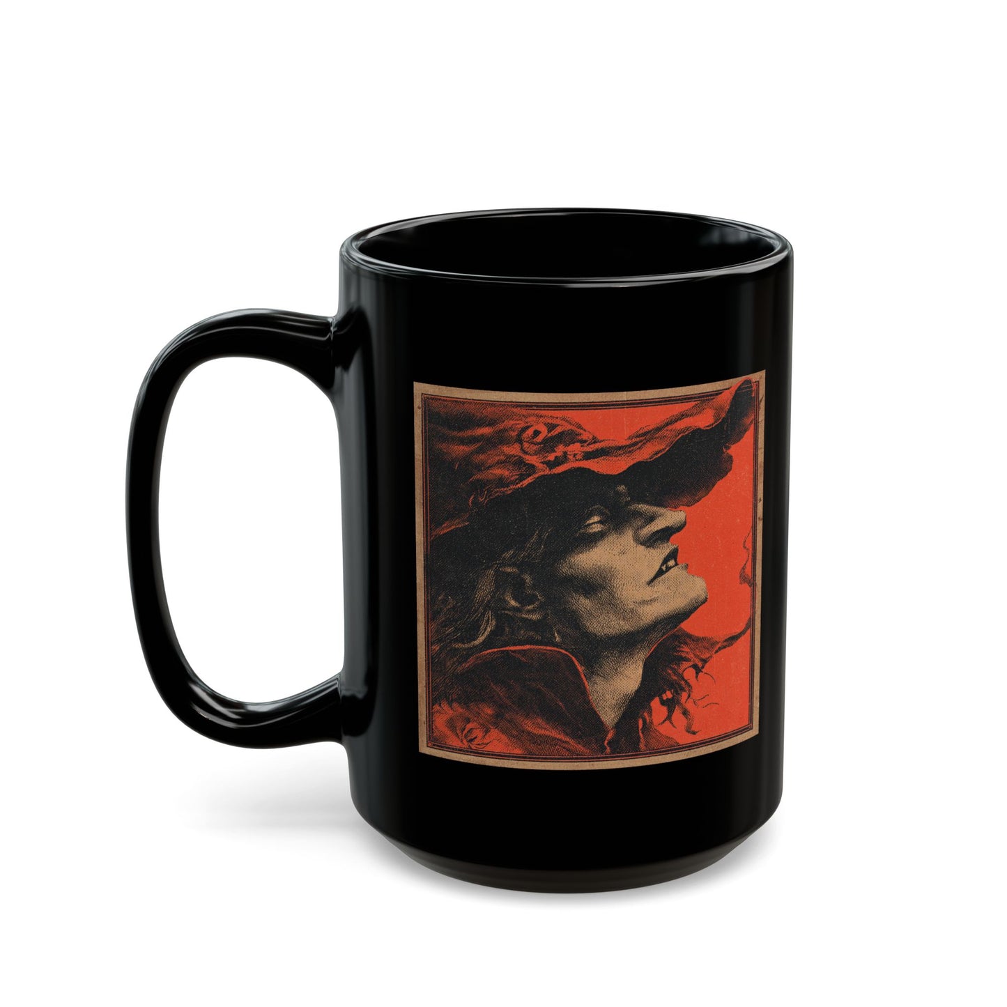 Gothic Witch Portrait Mug — Vintage Red & Black Ceramic Coffee Cup