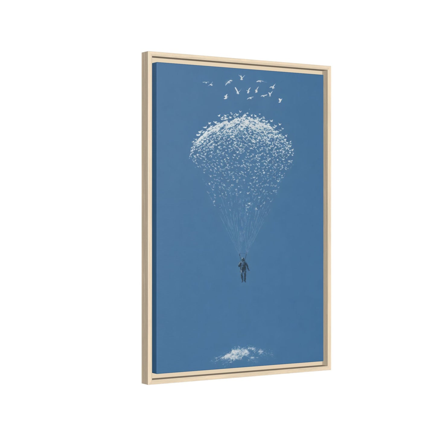 Framed Matte Canvas Art – Sky Diver with Bird Cluster Parachute (Blue)