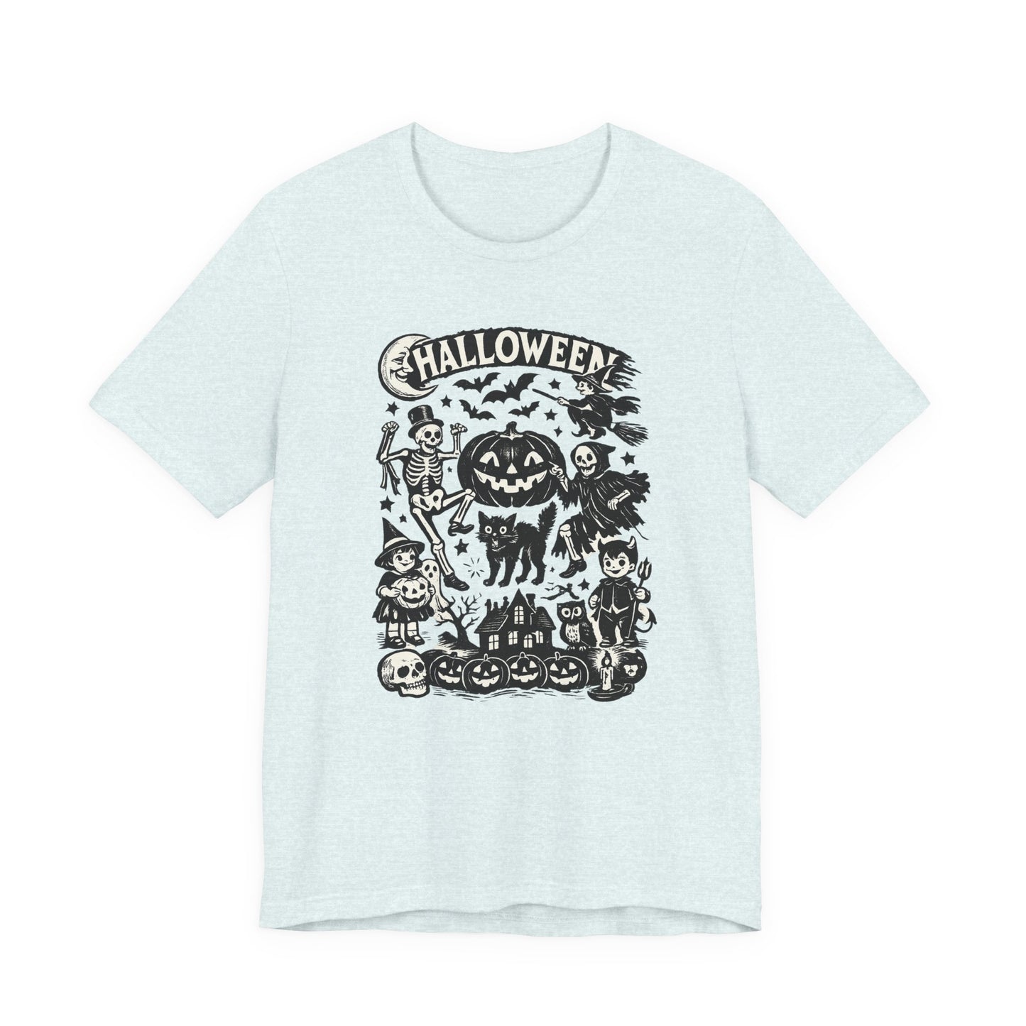 Halloween Vintage Monsters Tee — Retro Pumpkin, Skeleton & Haunted House T-Shirt