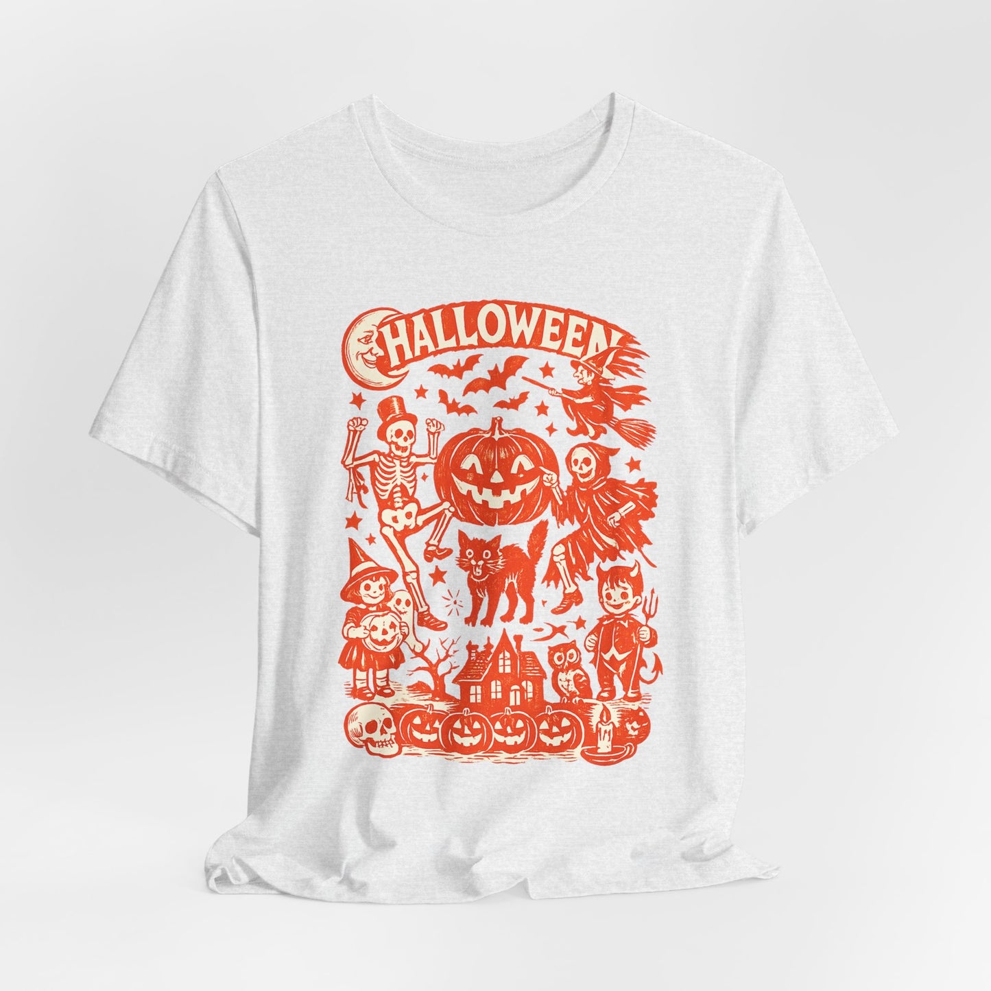 Halloween Retro Graphic Tee — Orange Vintage Spooky Characters