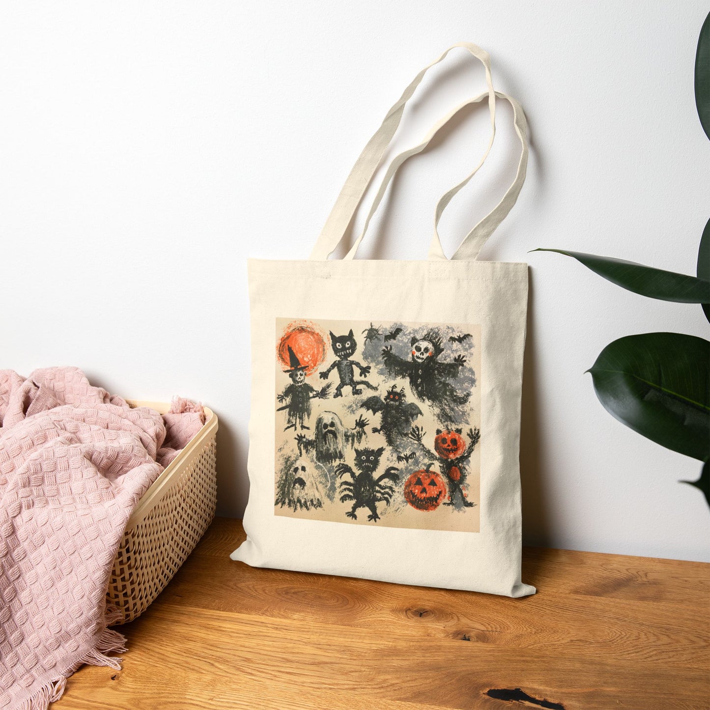 Vintage Halloween Characters Cotton Tote Bag — Retro Pumpkins, Black Cats & Bats Canvas Tote