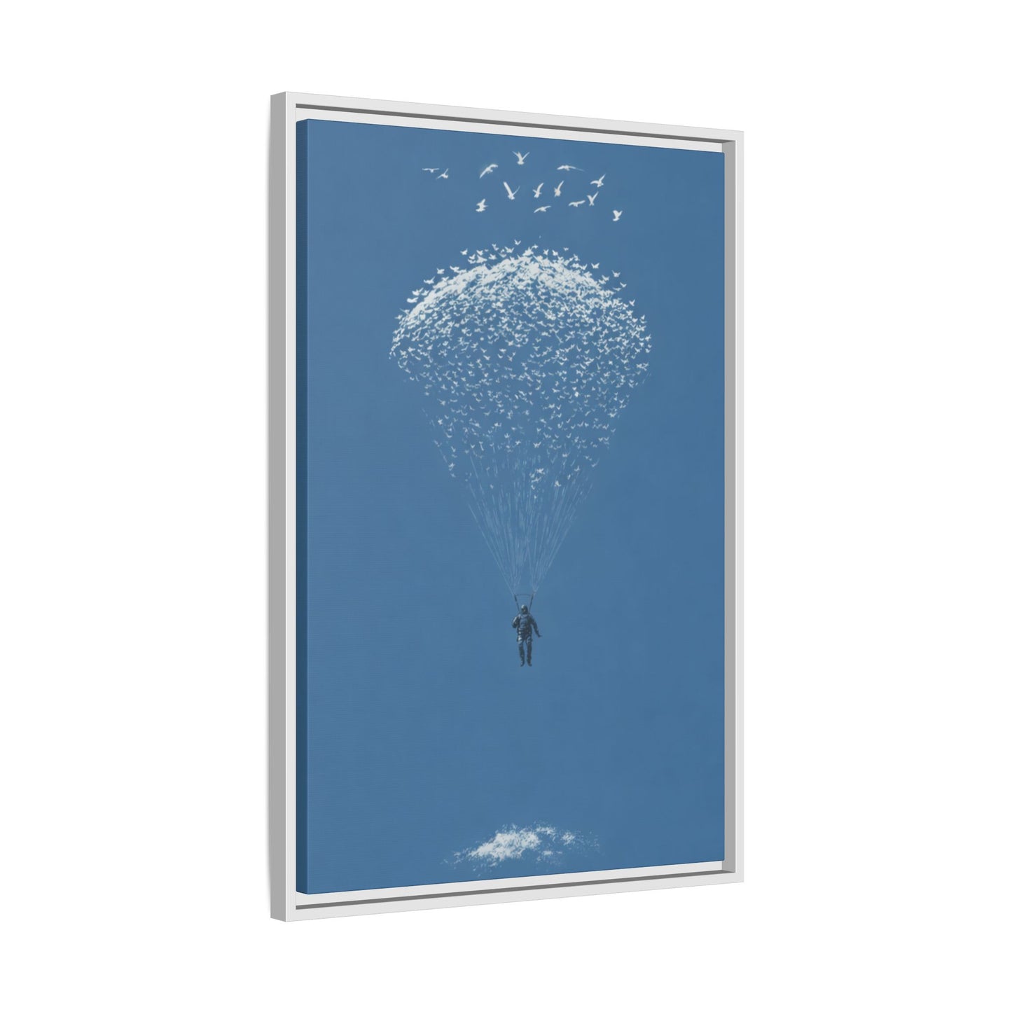 Framed Matte Canvas Art – Sky Diver with Bird Cluster Parachute (Blue)