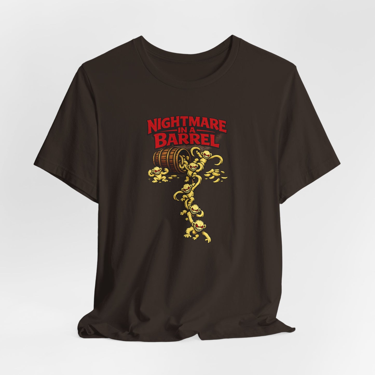 Nightmare in a Barrel T-Shirt — Vintage Horror Barrel Monkey Graphic Tee