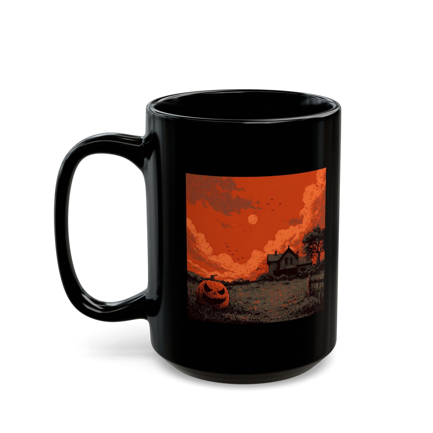 Halloween Pumpkin Field Black Mug — Spooky Haunted House Coffee Cup (11oz/15oz)