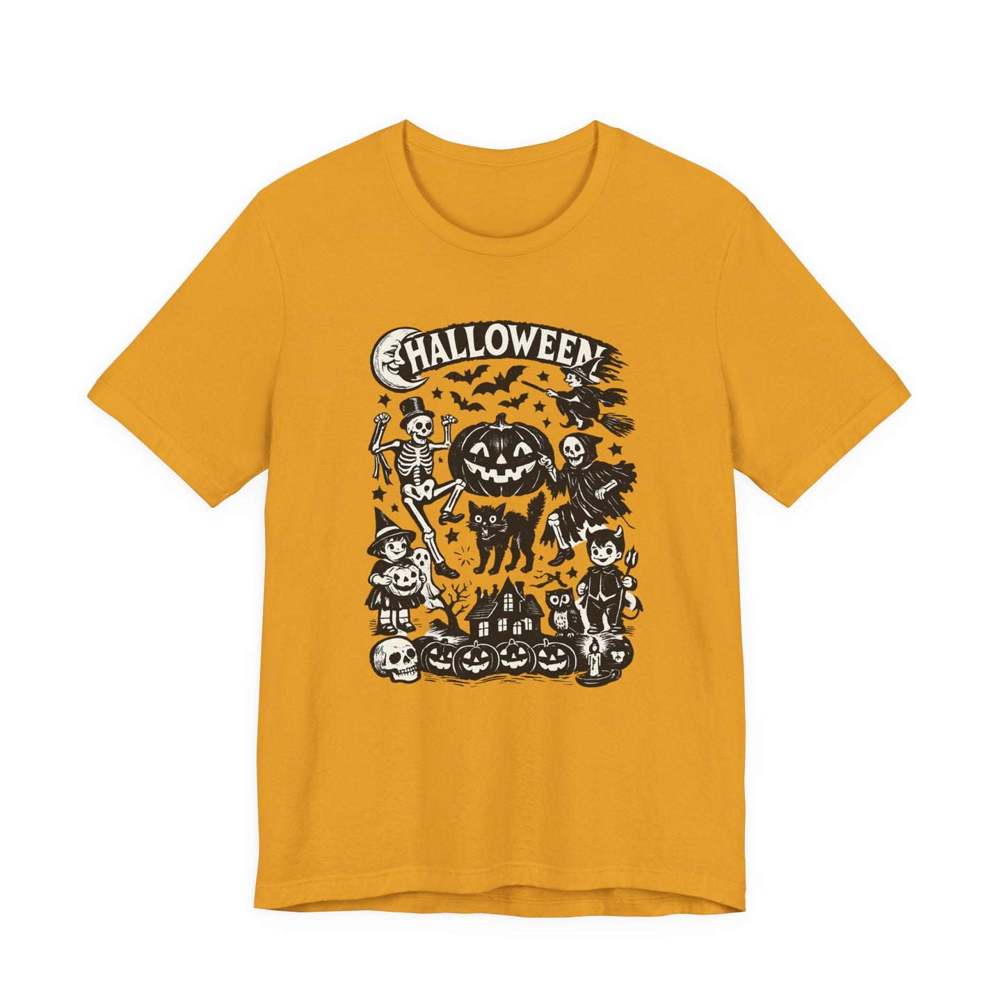 Halloween Vintage Monsters Tee — Retro Pumpkin, Skeleton & Haunted House T-Shirt