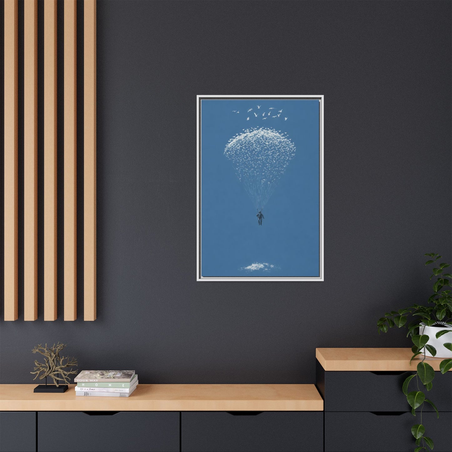 Framed Matte Canvas Art – Sky Diver with Bird Cluster Parachute (Blue)