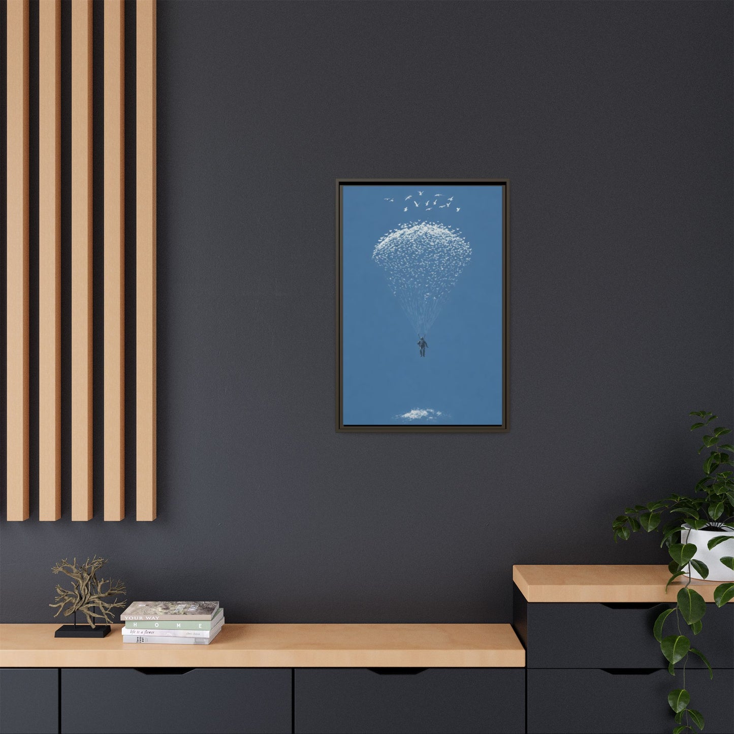 Framed Matte Canvas Art – Sky Diver with Bird Cluster Parachute (Blue)