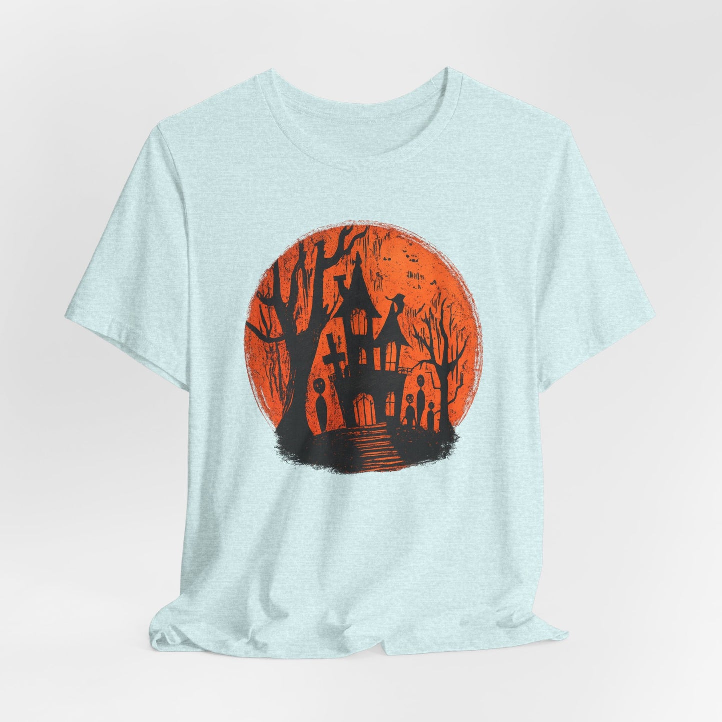 Haunted House Halloween Tee – Spooky Orange Moon Graphic T-Shirt