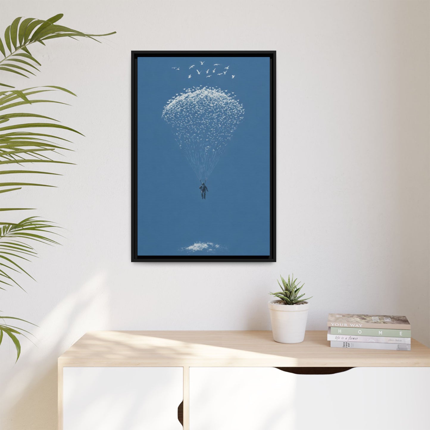 Framed Matte Canvas Art – Sky Diver with Bird Cluster Parachute (Blue)