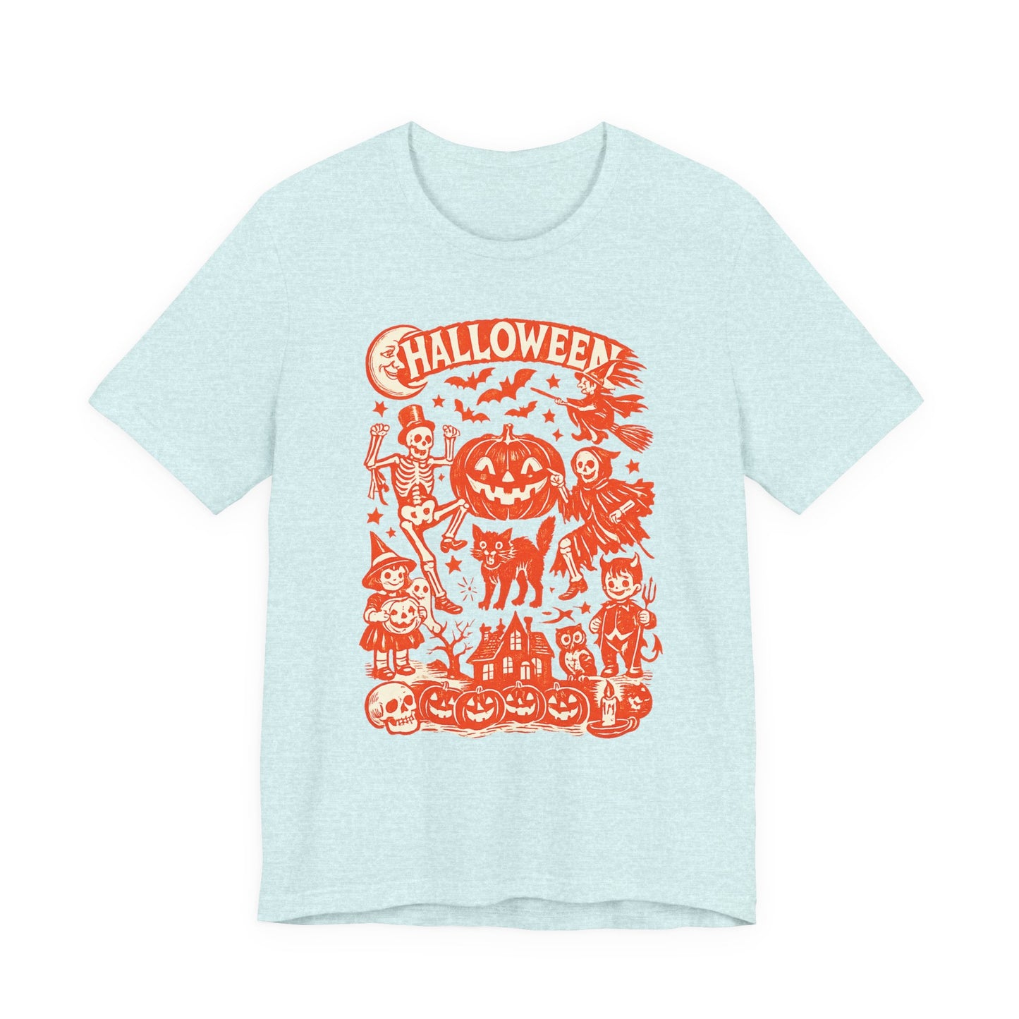 Halloween Retro Graphic Tee — Orange Vintage Spooky Characters