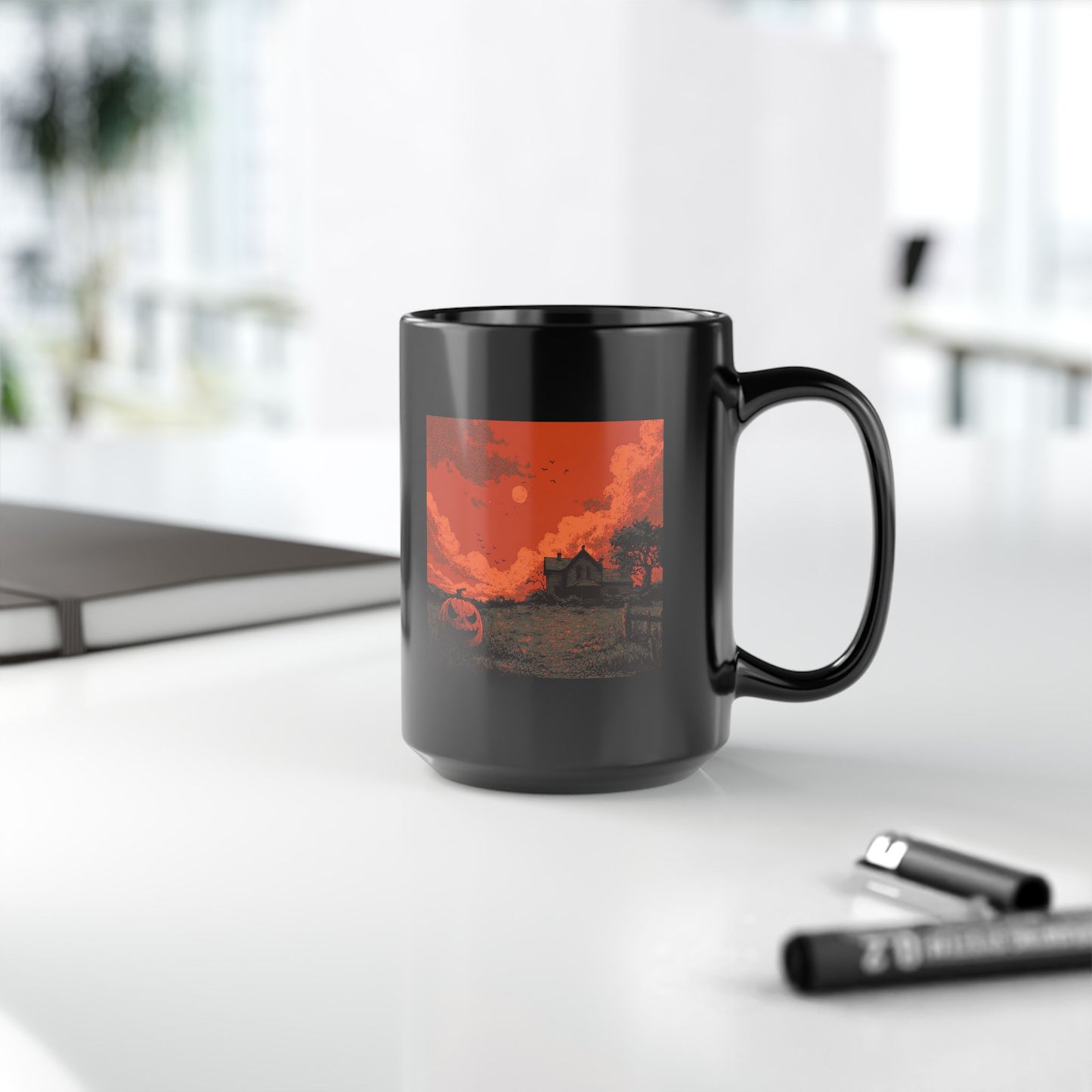 Halloween Pumpkin Field Black Mug — Spooky Haunted House Coffee Cup (11oz/15oz)