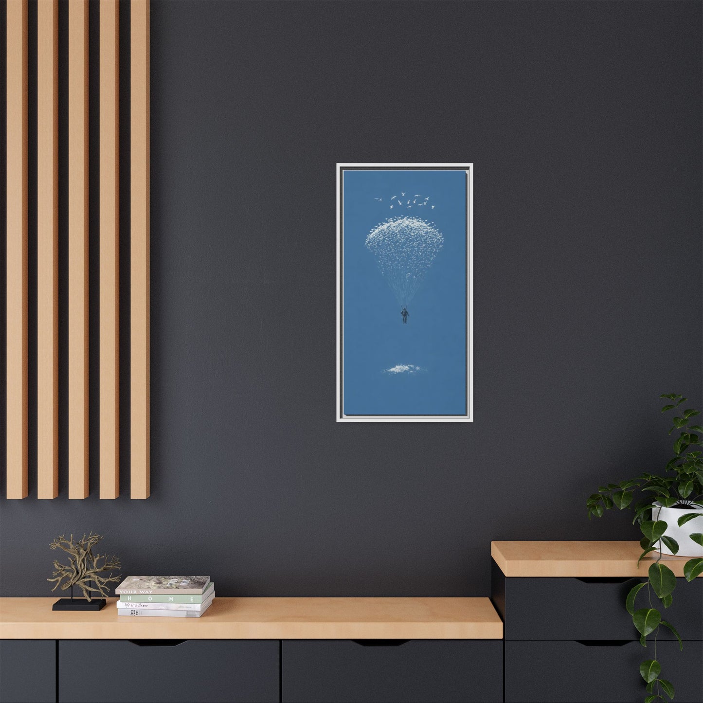 Framed Matte Canvas Art – Sky Diver with Bird Cluster Parachute (Blue)