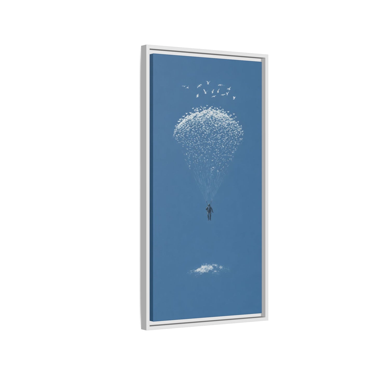 Framed Matte Canvas Art – Sky Diver with Bird Cluster Parachute (Blue)