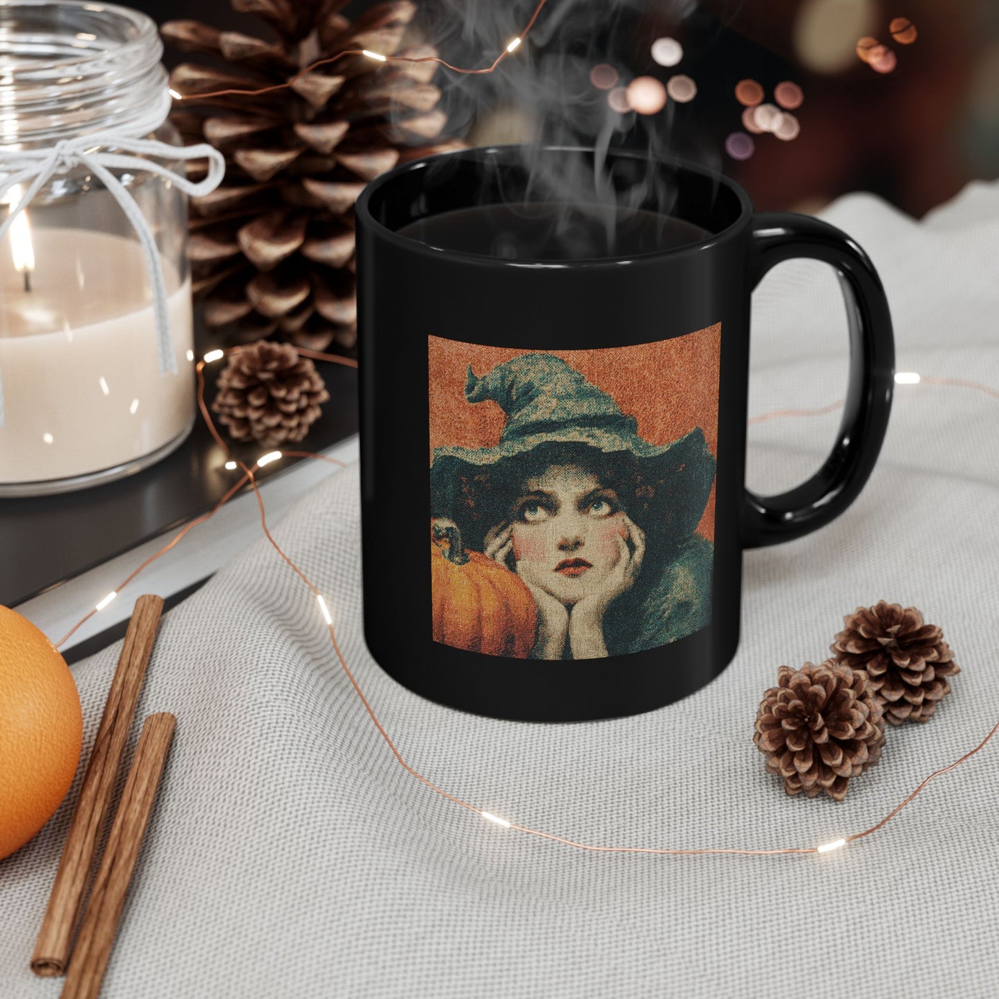 Vintage Witch Pumpkin Black Mug – Halloween Retro Coffee Cup (11oz & 15oz)