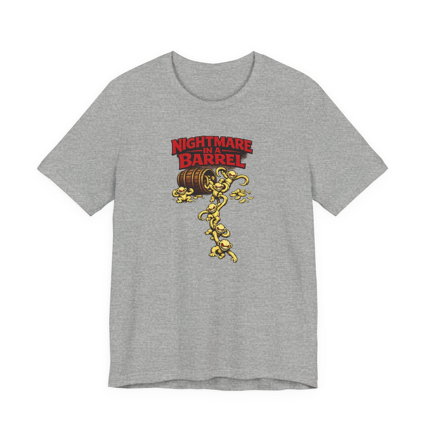 Nightmare in a Barrel T-Shirt — Vintage Horror Barrel Monkey Graphic Tee