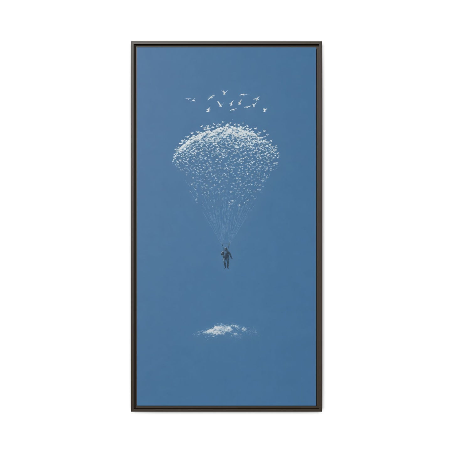 Framed Matte Canvas Art – Sky Diver with Bird Cluster Parachute (Blue)