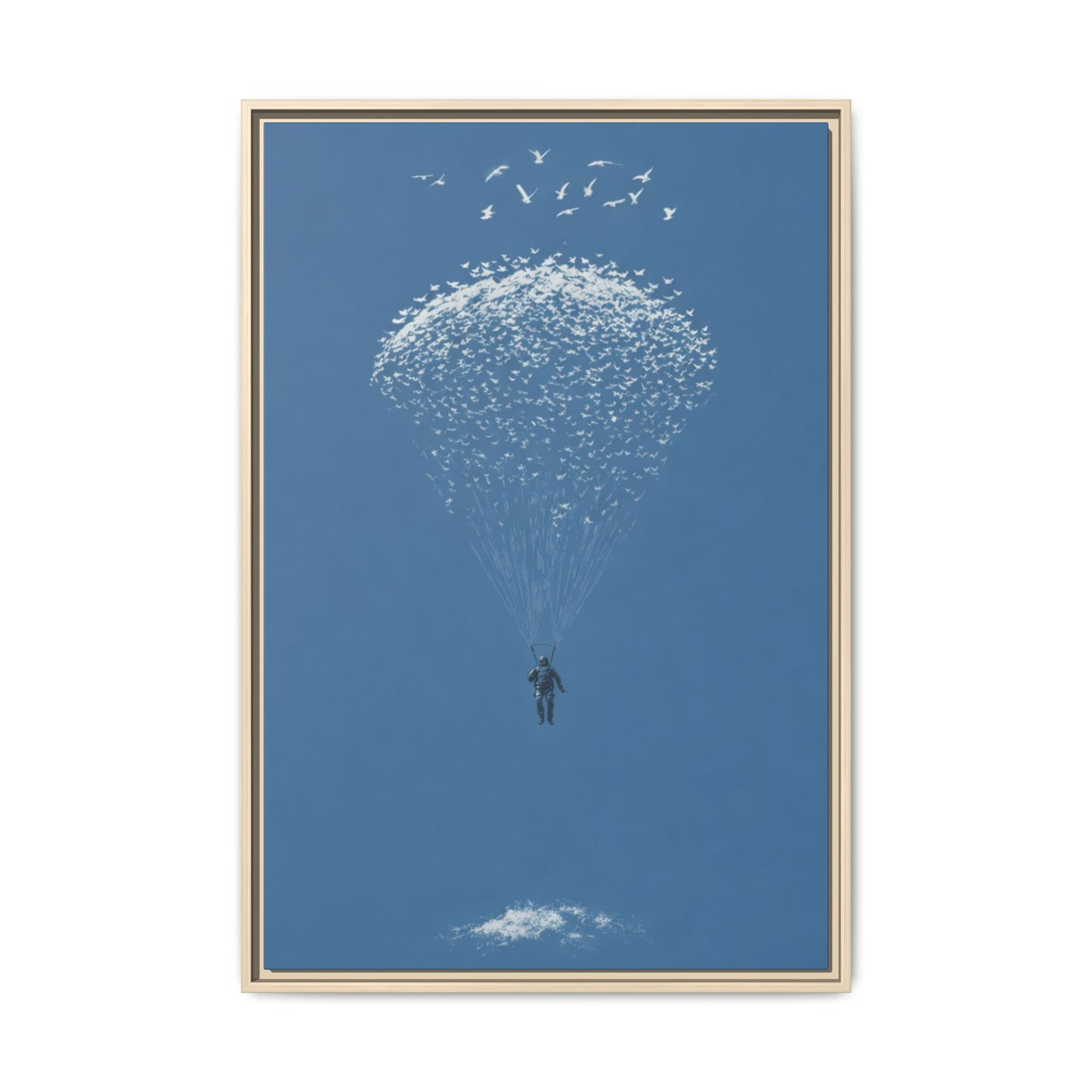 Framed Matte Canvas Art – Sky Diver with Bird Cluster Parachute (Blue)