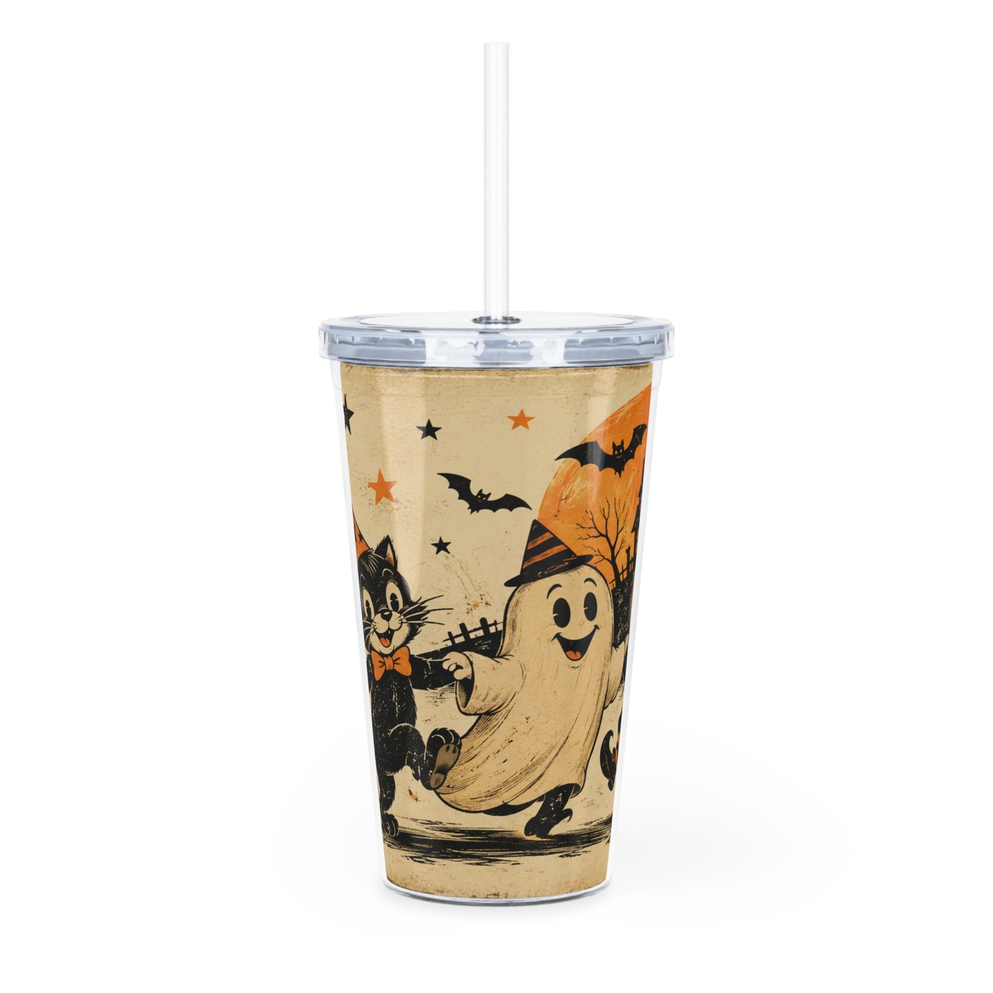 Halloween Ghosts & Pumpkins Tumbler with Straw - Vintage Trick-or-Treat Design