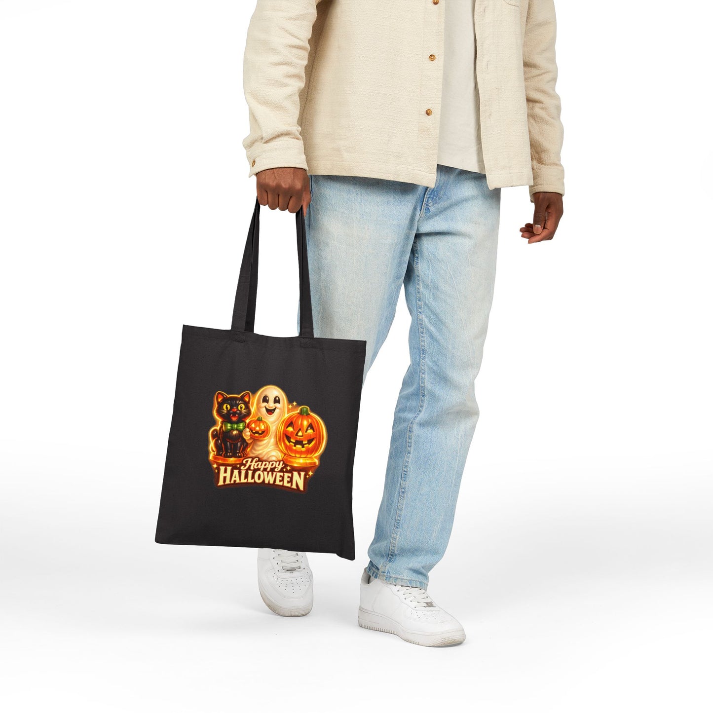 Halloween Canvas Tote Bag — "Happy Halloween" Blow Mold, Cat, Ghost & Jack-O'-Lantern Trick-or-Treat Bag