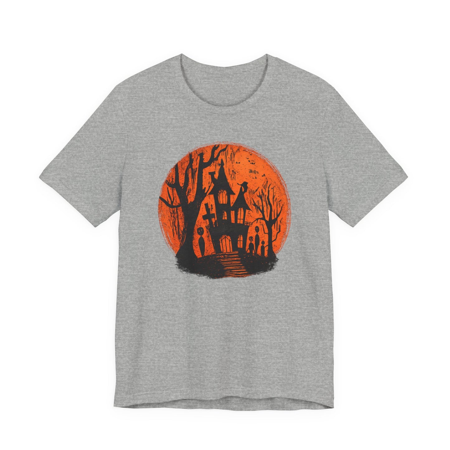 Haunted House Halloween Tee – Spooky Orange Moon Graphic T-Shirt