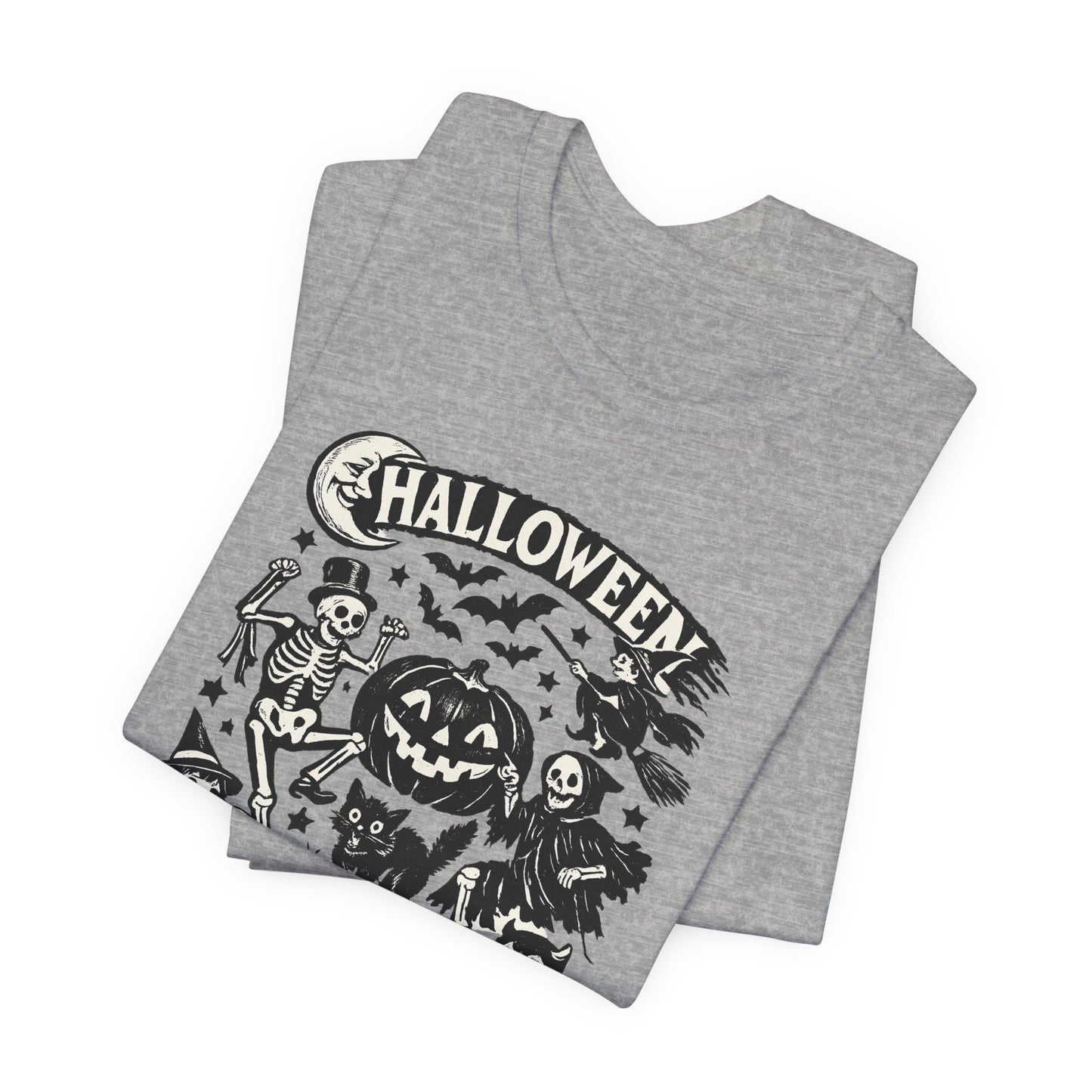 Halloween Vintage Monsters Tee — Retro Pumpkin, Skeleton & Haunted House T-Shirt