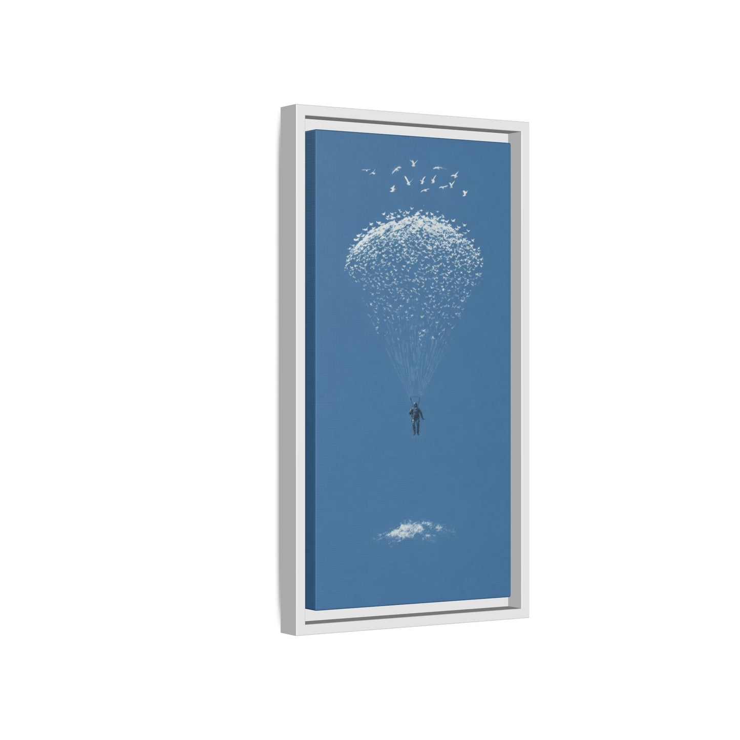 Framed Matte Canvas Art – Sky Diver with Bird Cluster Parachute (Blue)